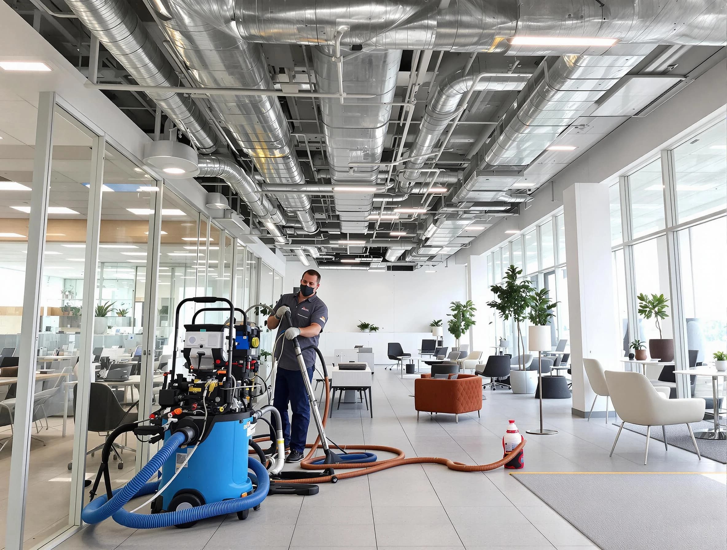 Riverside Air Duct Cleaning team conducting comprehensive commercial duct cleaning at a business location in Riverside