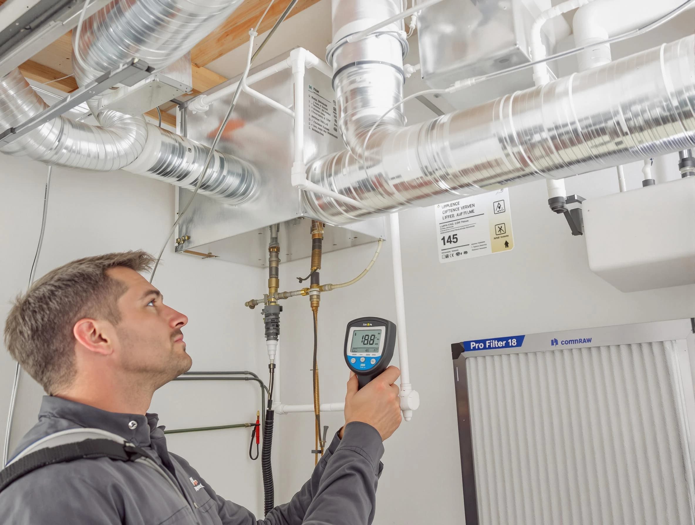Riverside Air Duct Cleaning expert conducting detailed filter system inspection using diagnostic tools in Riverside